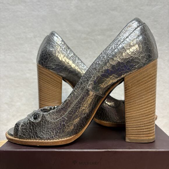 Mulberry Bayswater Peep Toe Cracked Metallic Silver Block Heel Pump EU Size 38.5 - Picture 7 of 16